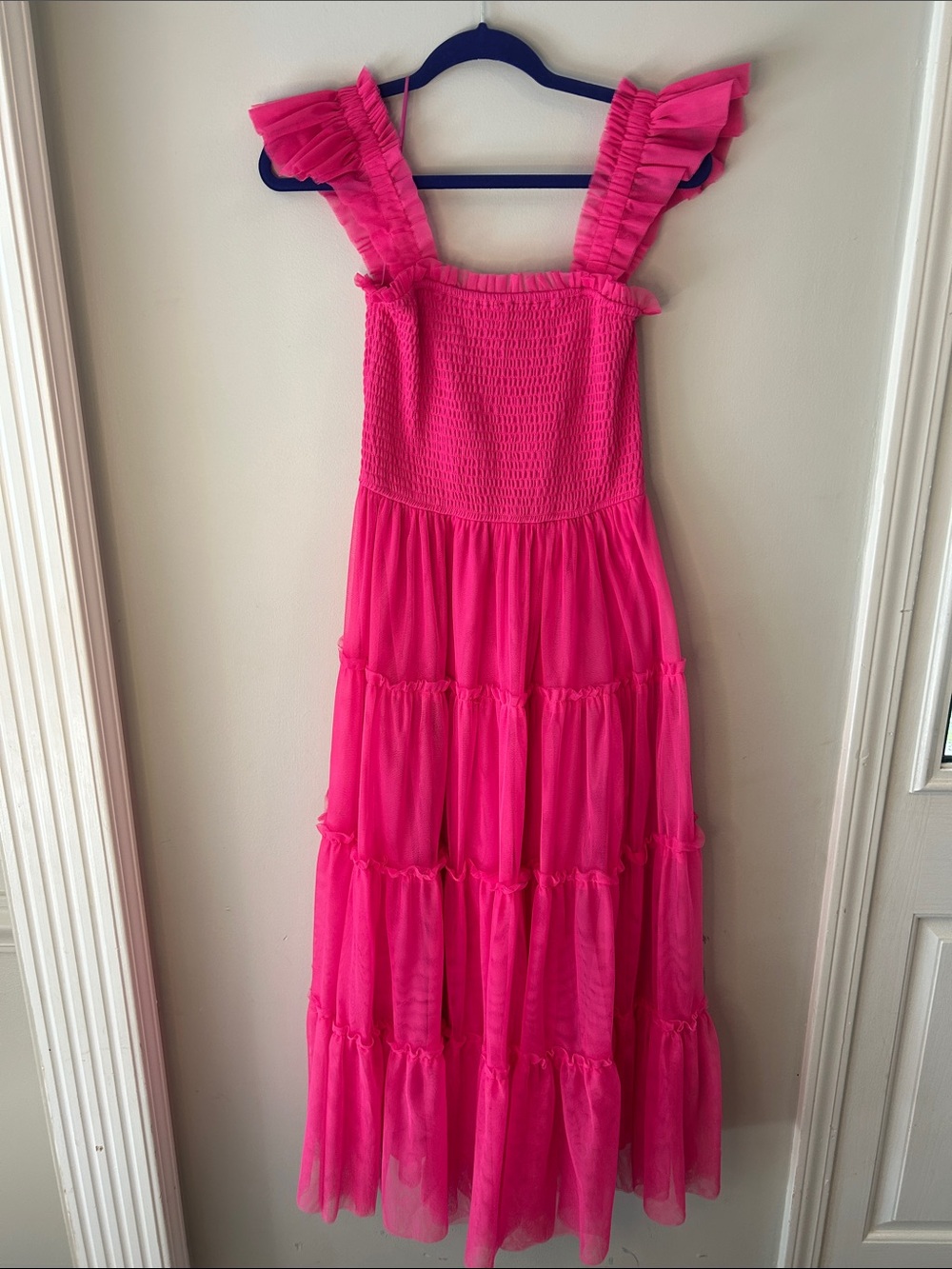 BiBi Hot Pink Ruffle Strap Tiered Maxi Dress